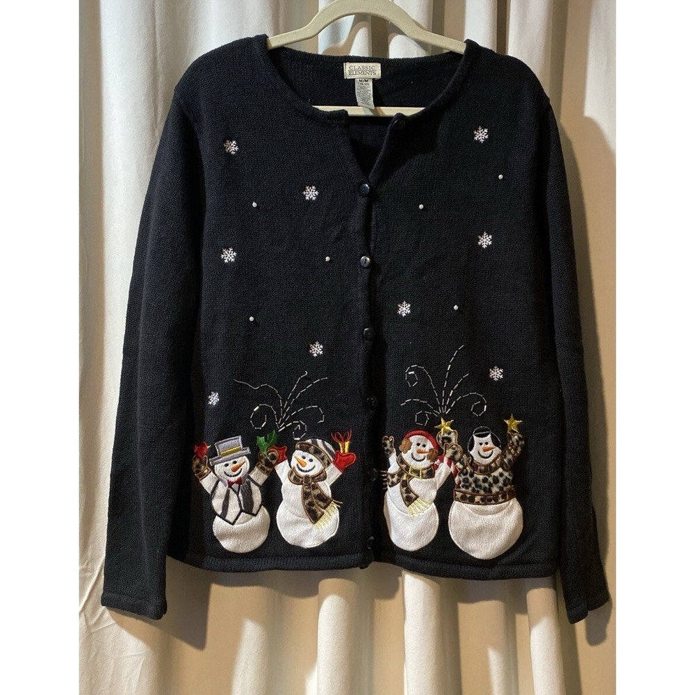 Vintage Christmas Sweater Ugly Medium Holiday Winter Snowman Patch Beaded